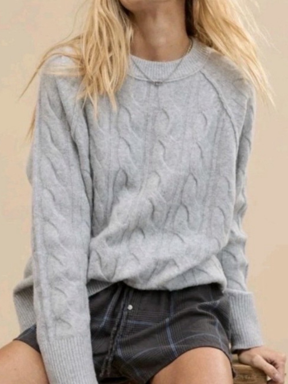 aerie Light Gray Cable Crewneck Sweater